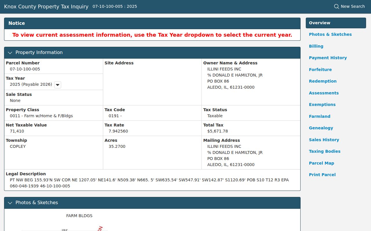 Knox County Devnet sample parcel card used for a Galesburg street directory search