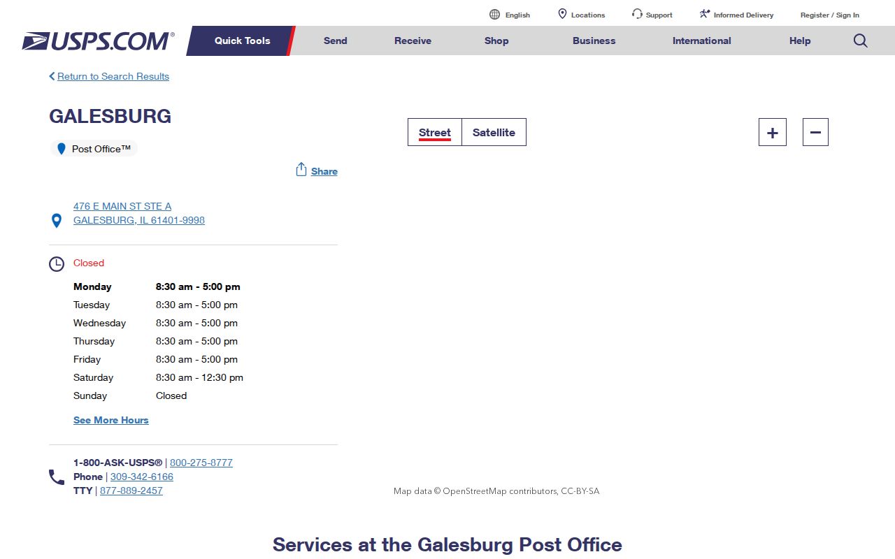 USPS Galesburg Post Office listing for ZIP code verification